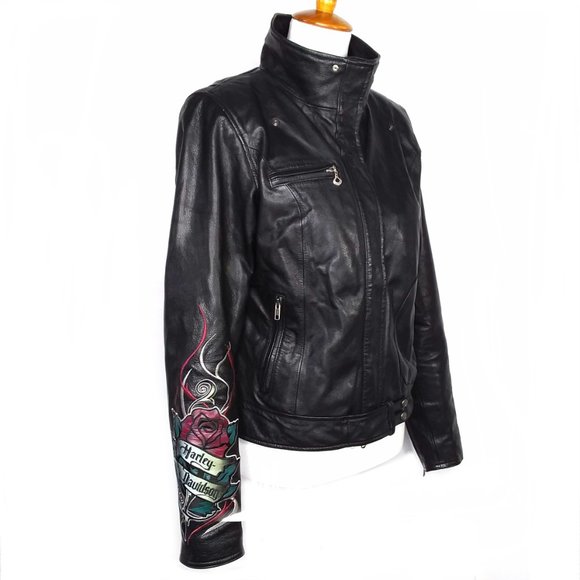 Harley Davidson Black Leather Moto Jacket Embroidered Logo Rose Size Medium - Picture 2 of 12